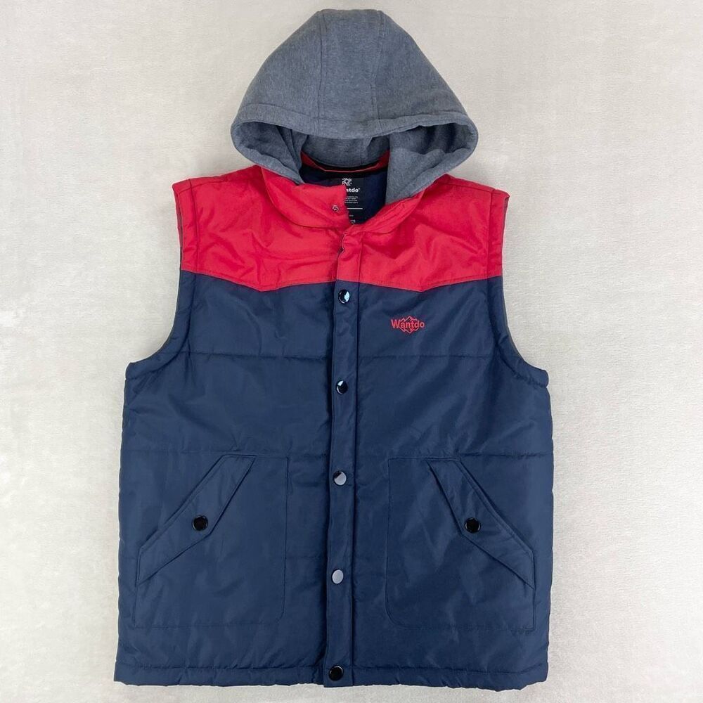 Wantdo Jacket‎ Mens XL Navy Red Retro Hooded Puffer Full Zip Vest